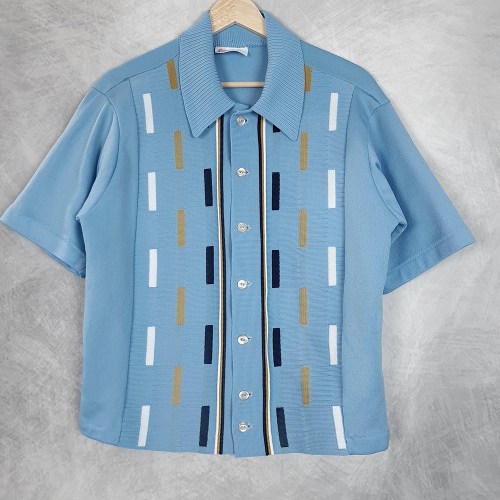 Vntg Kings Road Shirt Mens Large Blue Geometric Knit Retro Rockabilly Mod